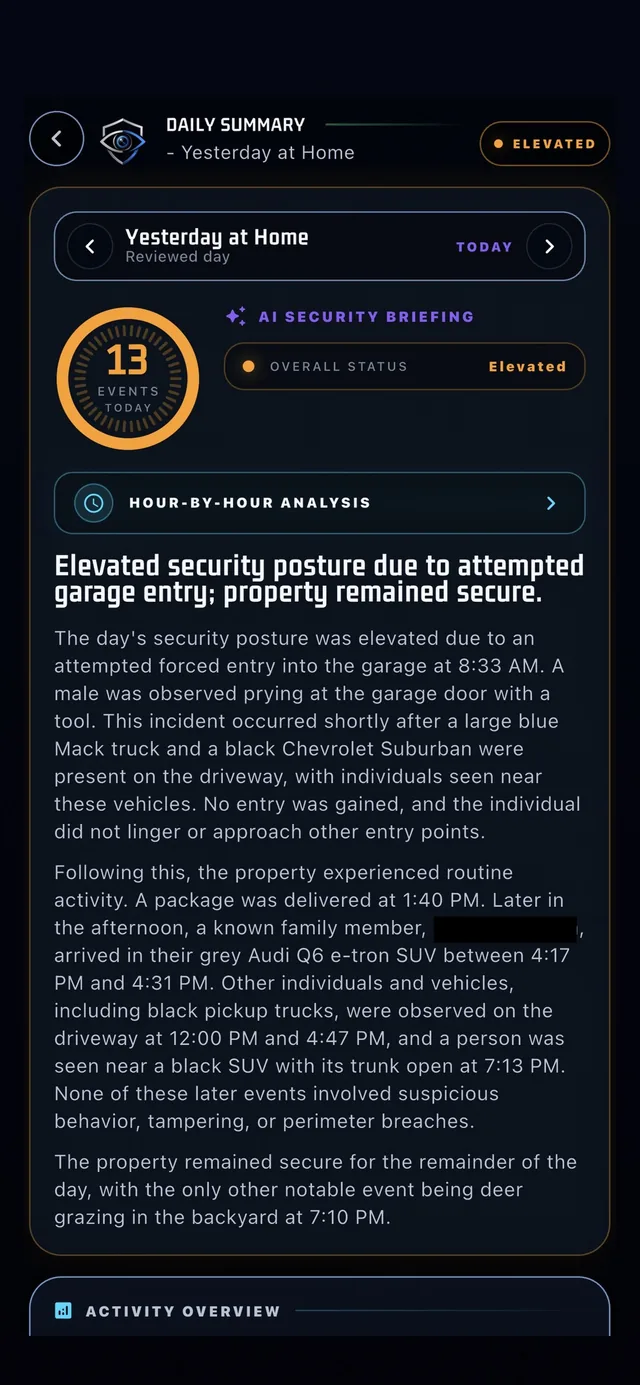 The PerimeterEye app's daily summary: the AI's written briefing of a day at a property, starting with an attempted garage entry and the routine activity after it