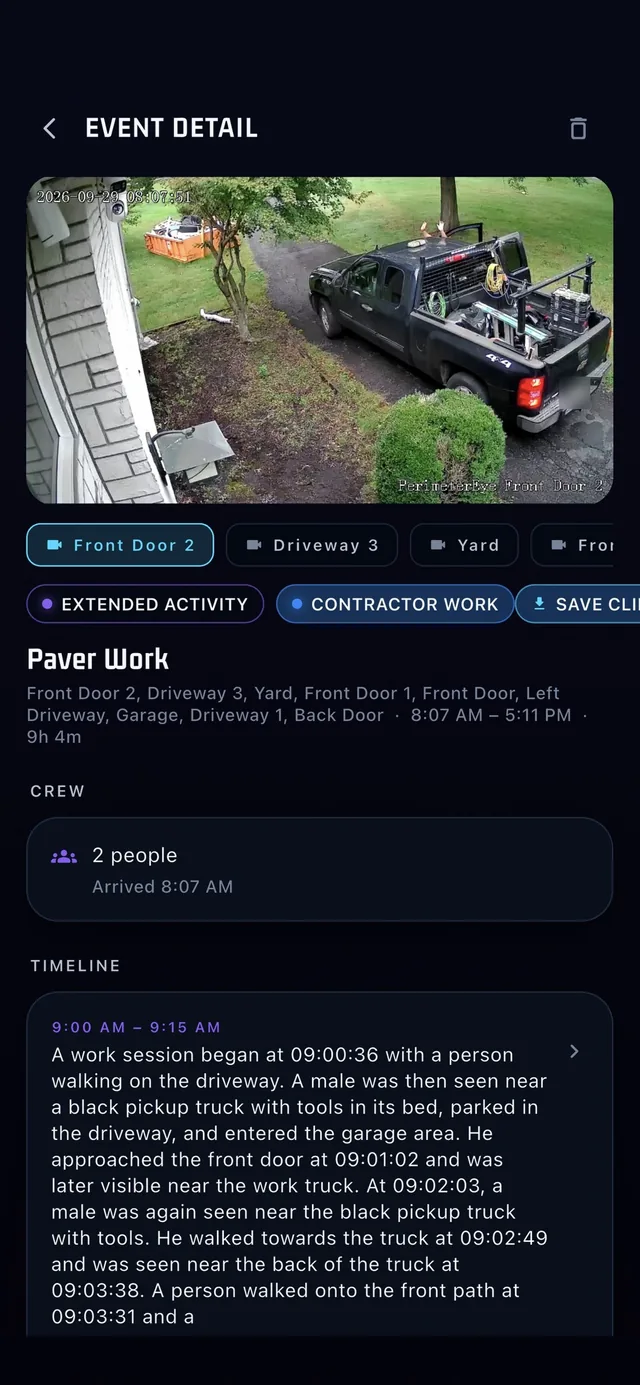 The PerimeterEye app's event detail for a paving crew's day: the camera view, the cameras that saw it, the crew of two and the written timeline