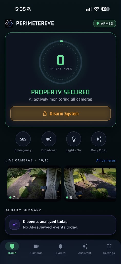 PerimeterEye iOS app home screen showing Property Secured status with threat index, live 4K cameras, emergency and broadcast controls, and the AI daily summary
