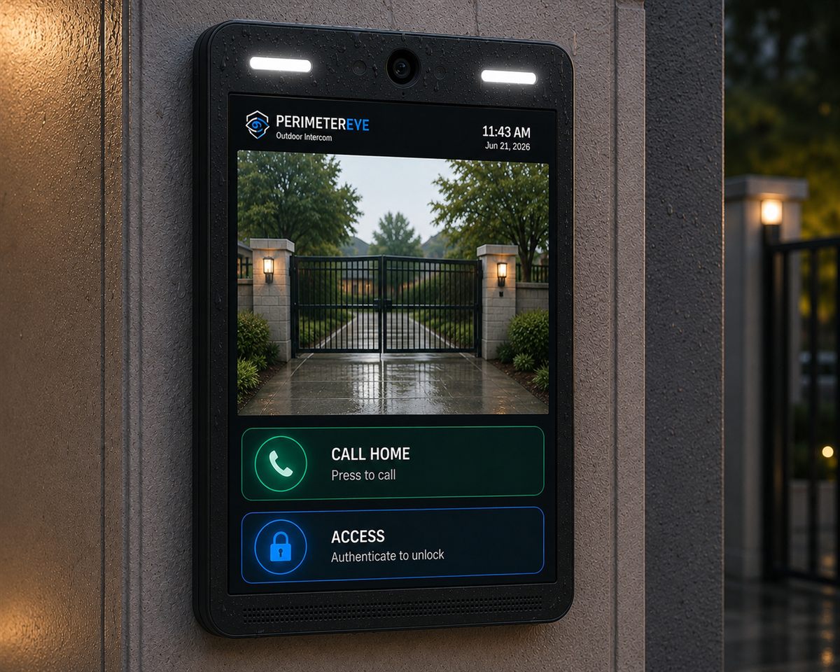 PerimeterEye Intercom outdoor unit mounted beside a gated entrance, showing a live gate camera view with Call Home and Access controls on its touchscreen