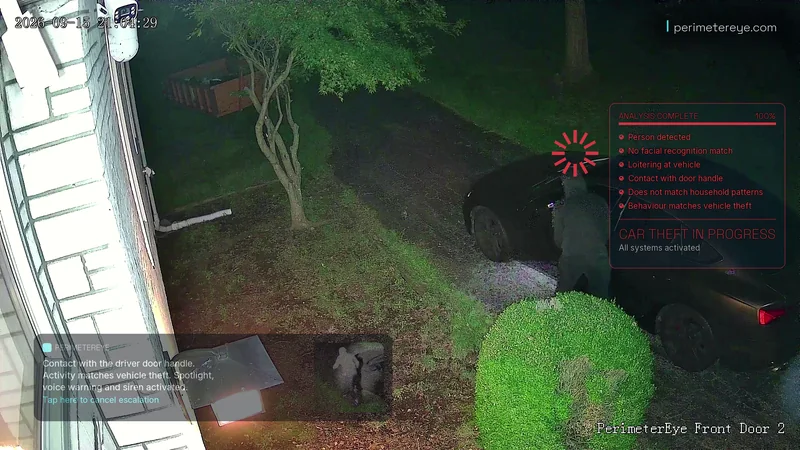 The analysis panel reading car theft in progress, all systems activated, while the person is still at the car