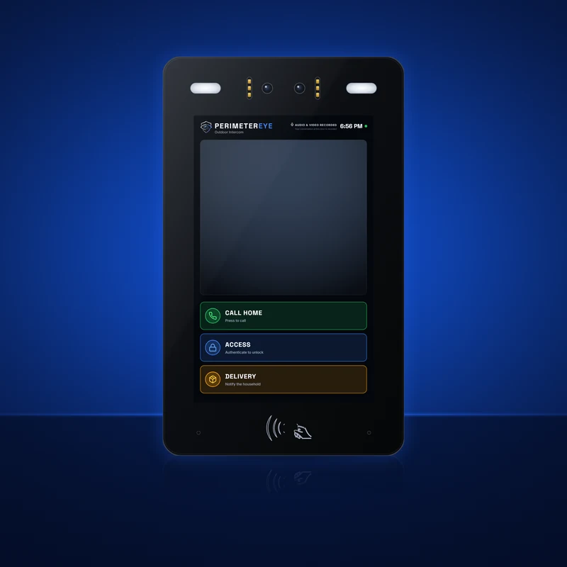 PerimeterEye Access outdoor intercom, model 704, with Call Home, Access and Delivery on its screen