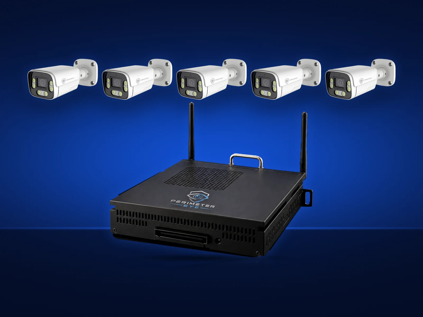 PerimeterEye Lite package: the Brain with five white 4K AI cameras