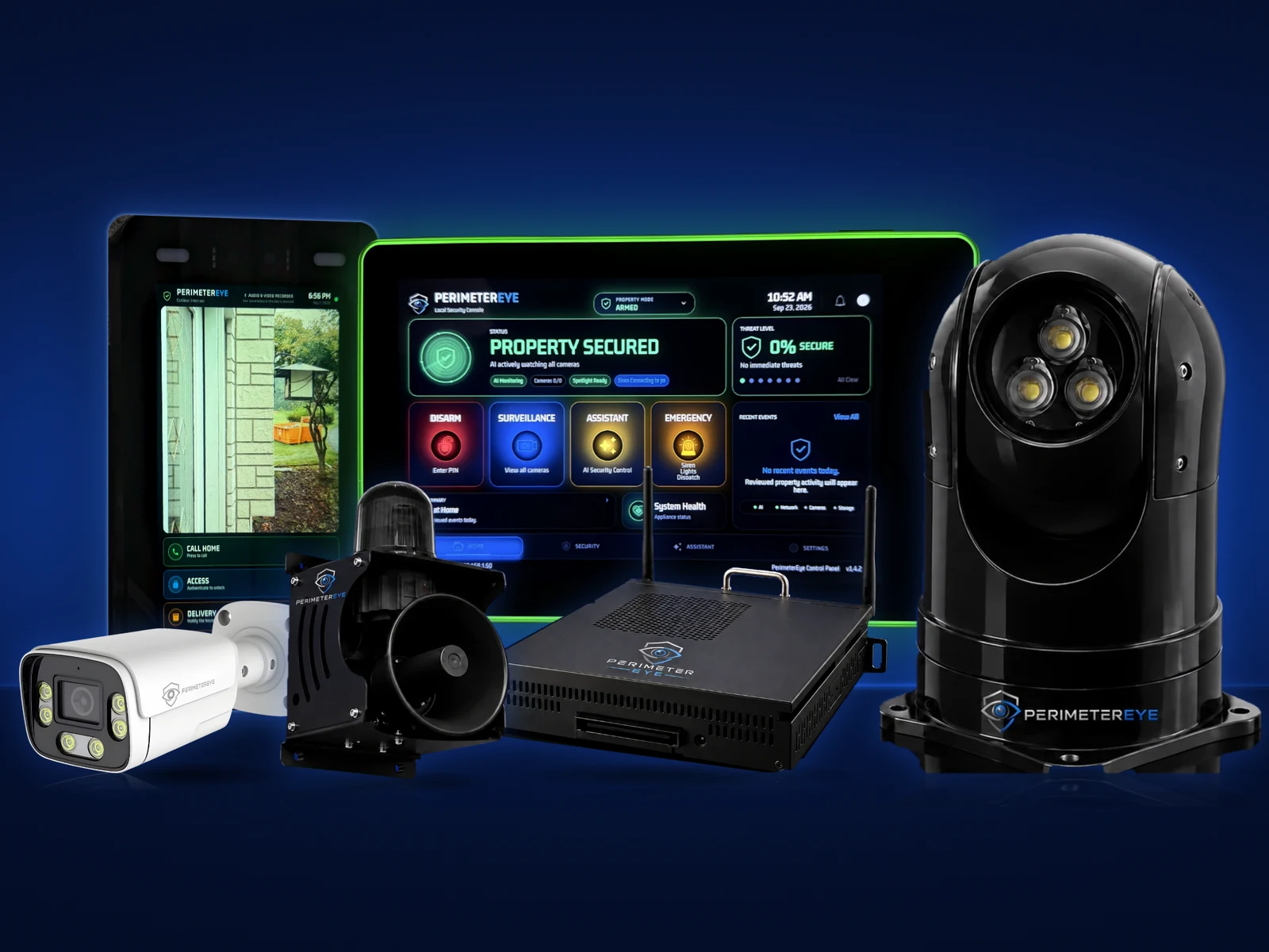PerimeterEye Pro package: the Access outdoor intercom, the indoor wall panel, a white 4K AI camera, the siren, the Brain and the tracking spotlight