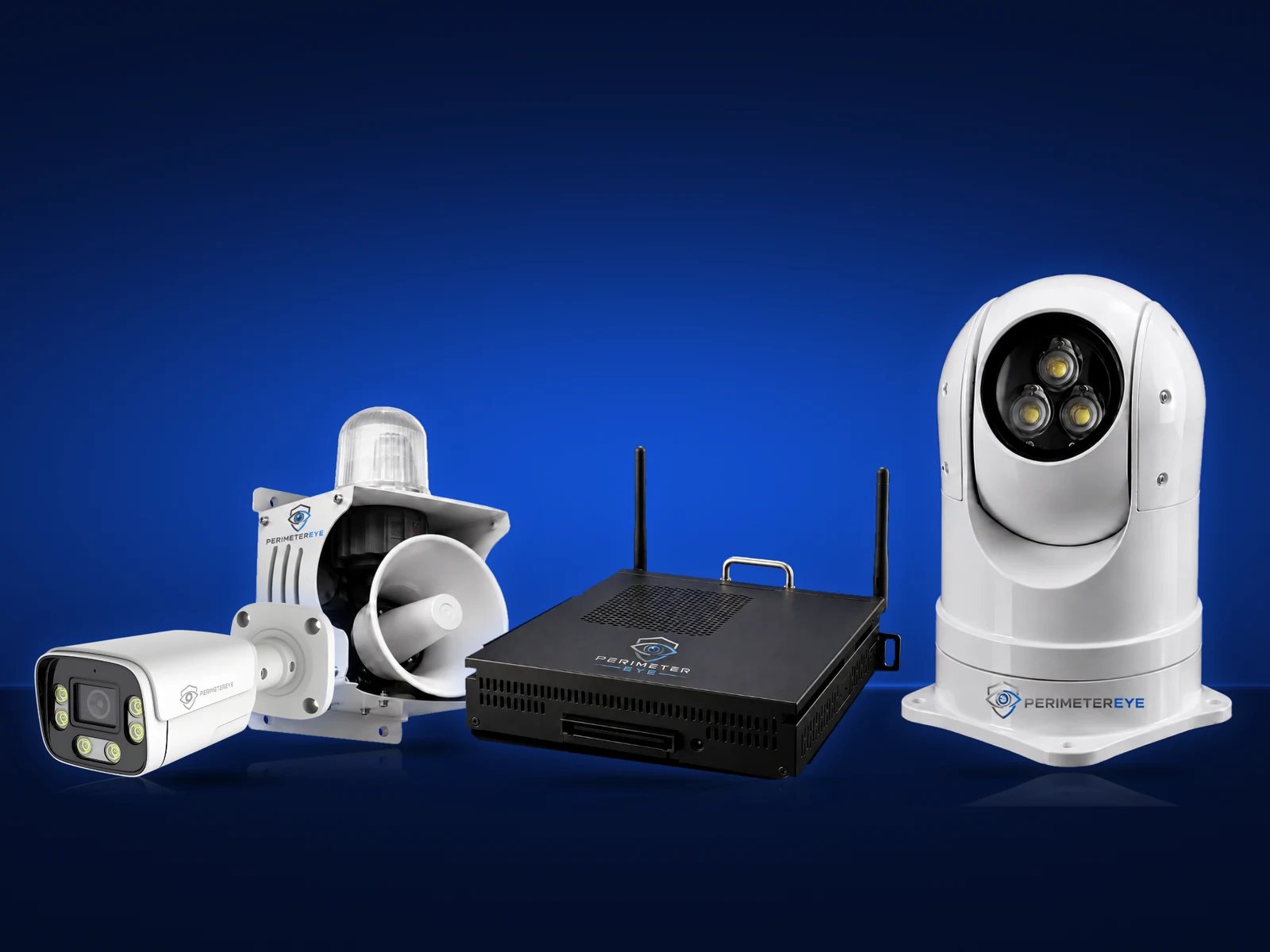 PerimeterEye Defense package: the white 4K AI camera, siren and tracking spotlight, with the Brain