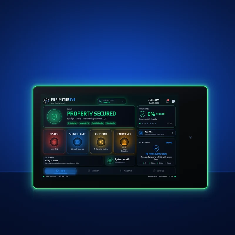 PerimeterEye indoor wall panel, model 604, showing Property Secured on its home screen